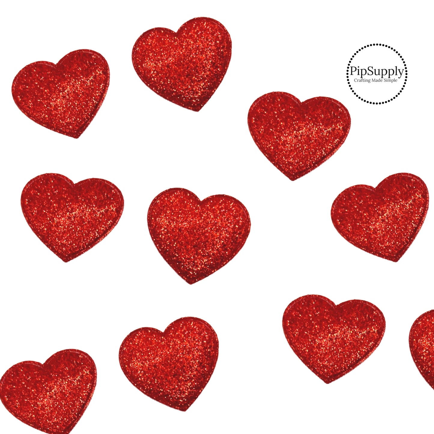 red shimmer glitter padded hearts about one and a quarter inches wide with fabric backing for crafting