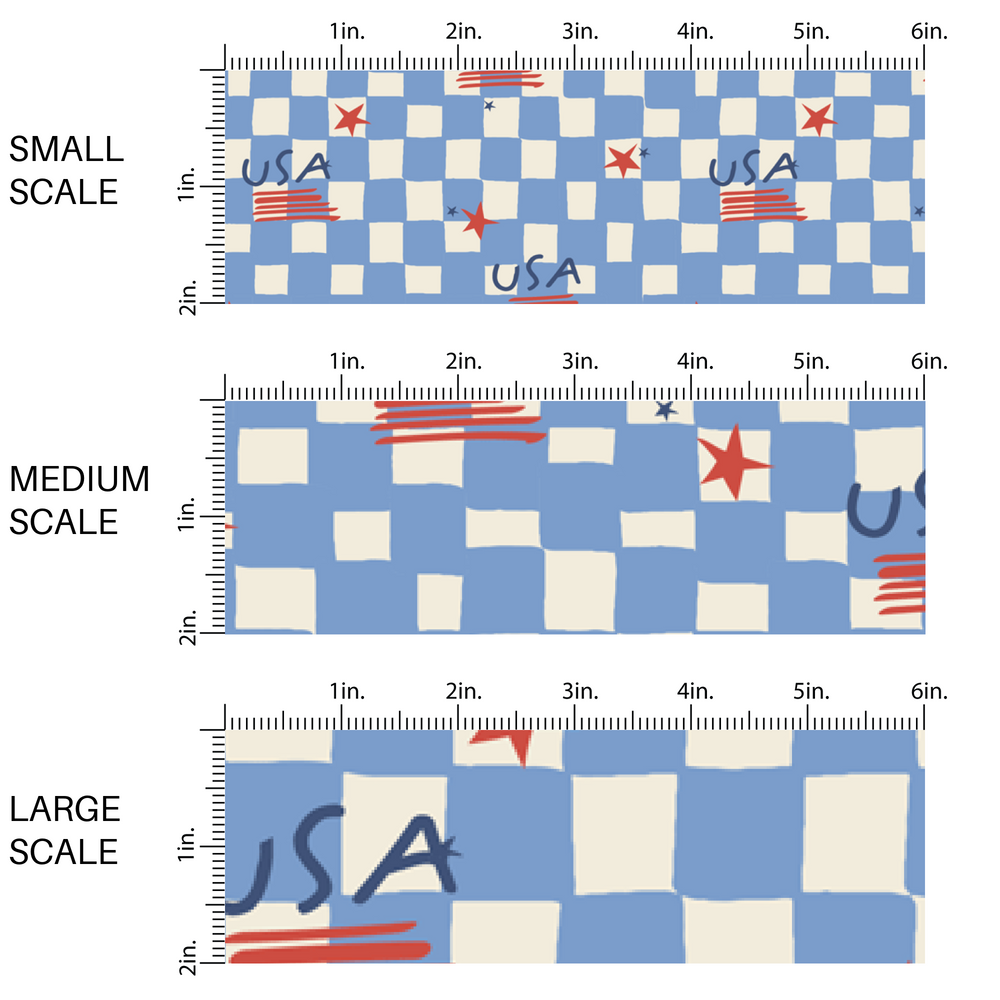 This image has three fabric scales of small, medium, and large scale for the patriotic blue and cream checkered fabric by the yard.