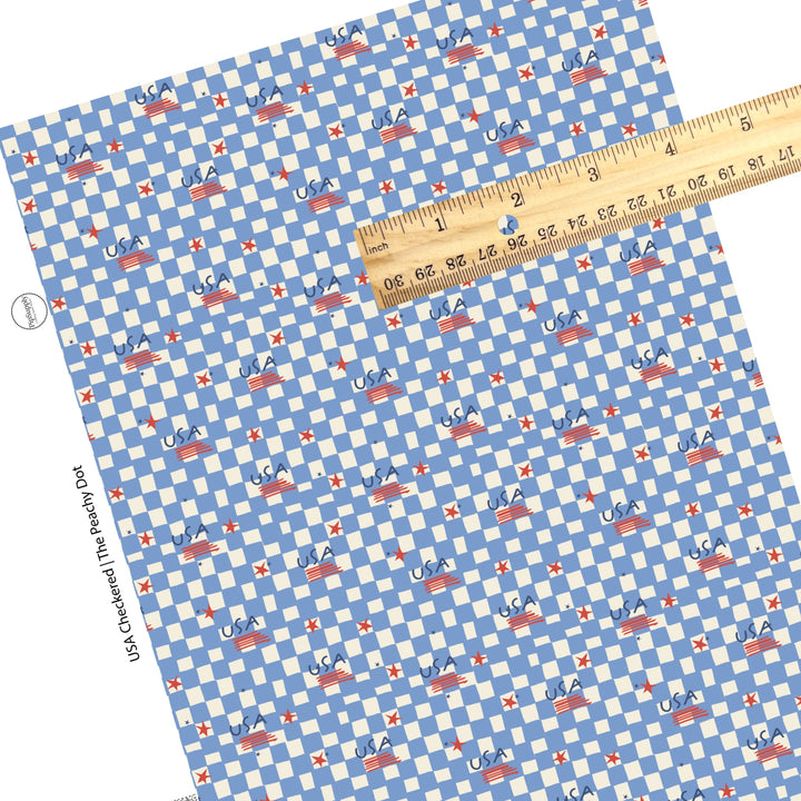 Patriotic Stars On A Cream And Lighter Blue Checkered Faux Leather Sheet