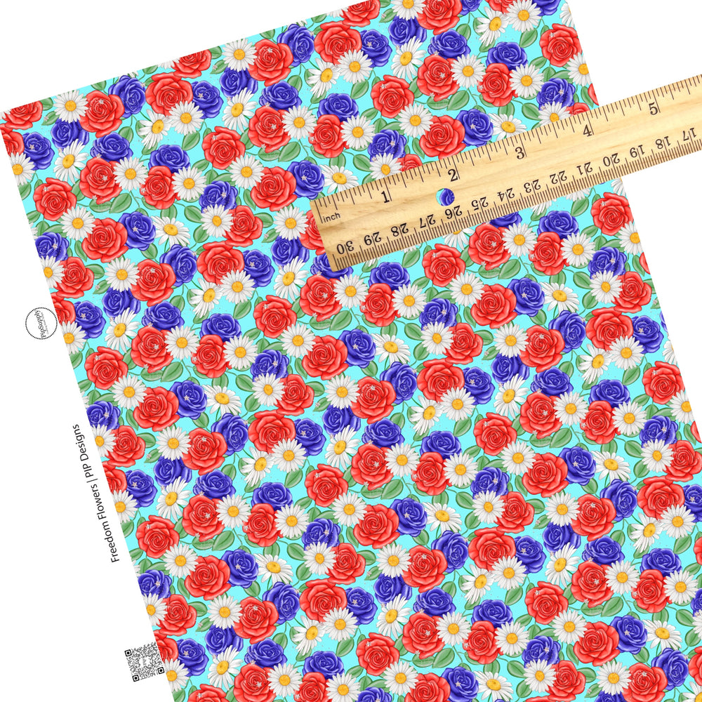 Red, white, and blue floral on aqua blue faux leather sheets