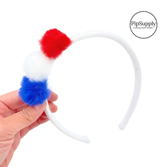 Red white and blue pom pom furr balls on white velvet headband
