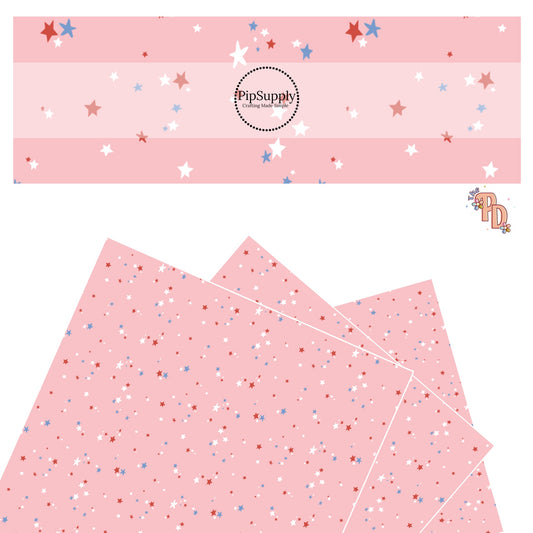 Tiny Blue, Red, Pink Stars On Pink Faux Leather Sheet