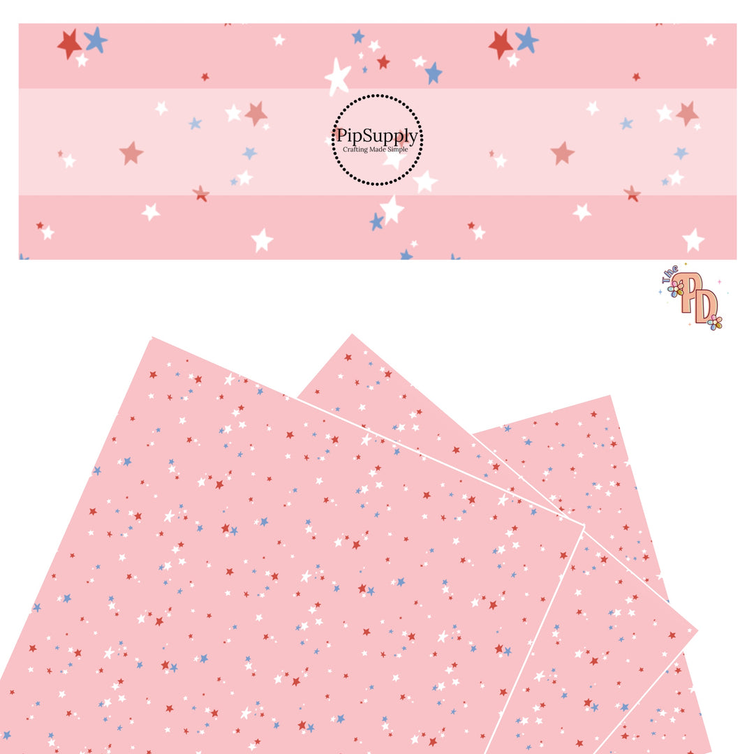 Tiny Blue, Red, Pink Stars On Pink Faux Leather Sheet