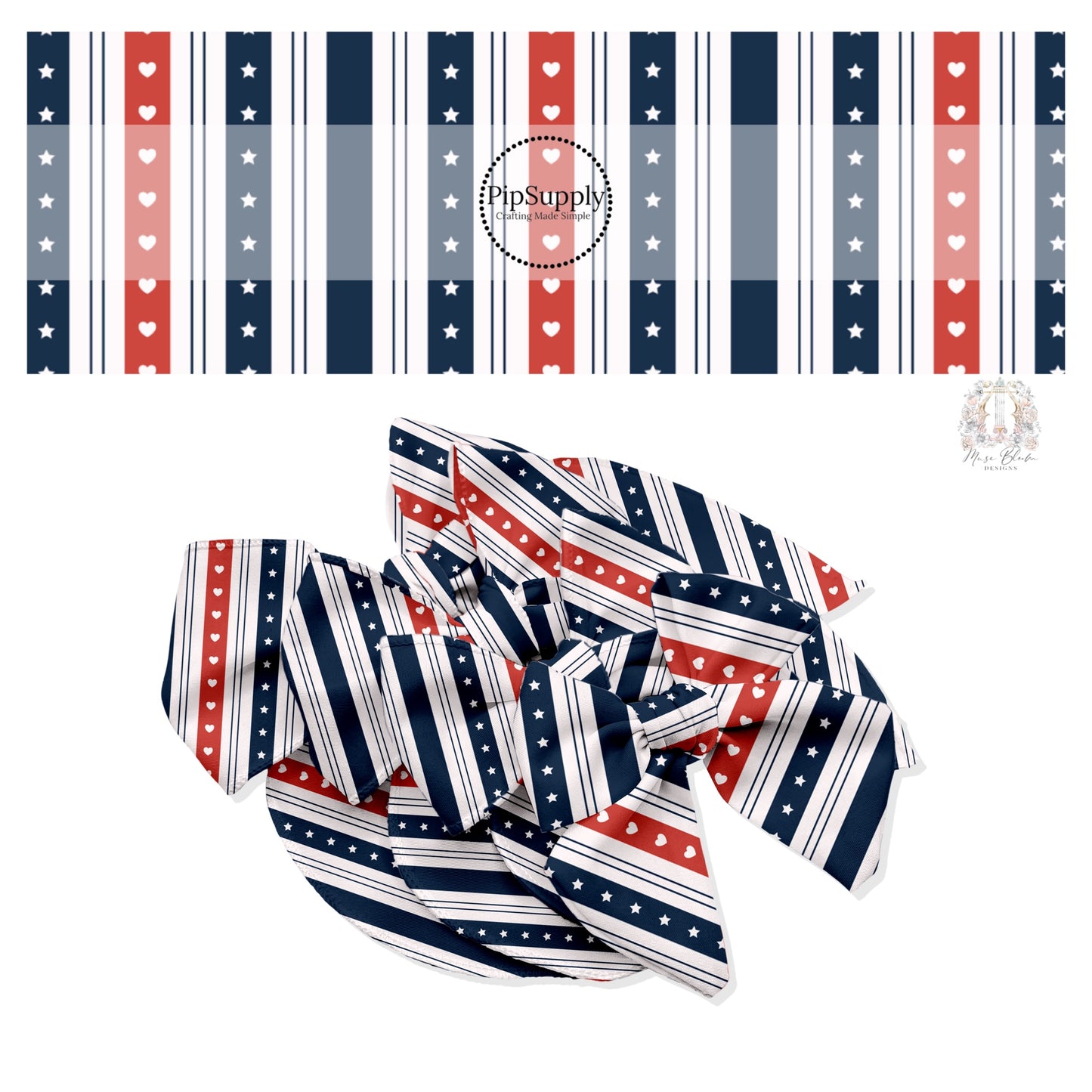 Hearts on red stripes, stars on navy stripes, thin navy blue stripes, and solid blue stripes on white bow strips
