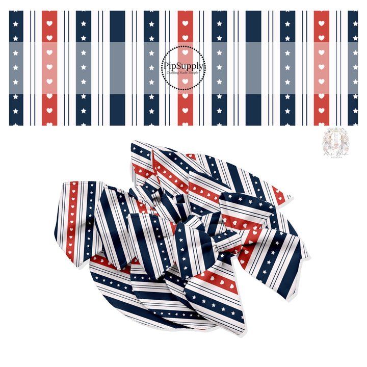 Hearts on red stripes, stars on navy stripes, thin navy blue stripes, and solid blue stripes on white bow strips