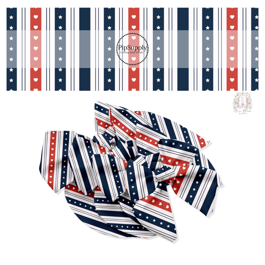 Hearts on red stripes, stars on navy stripes, thin navy blue stripes, and solid blue stripes on white bow strips