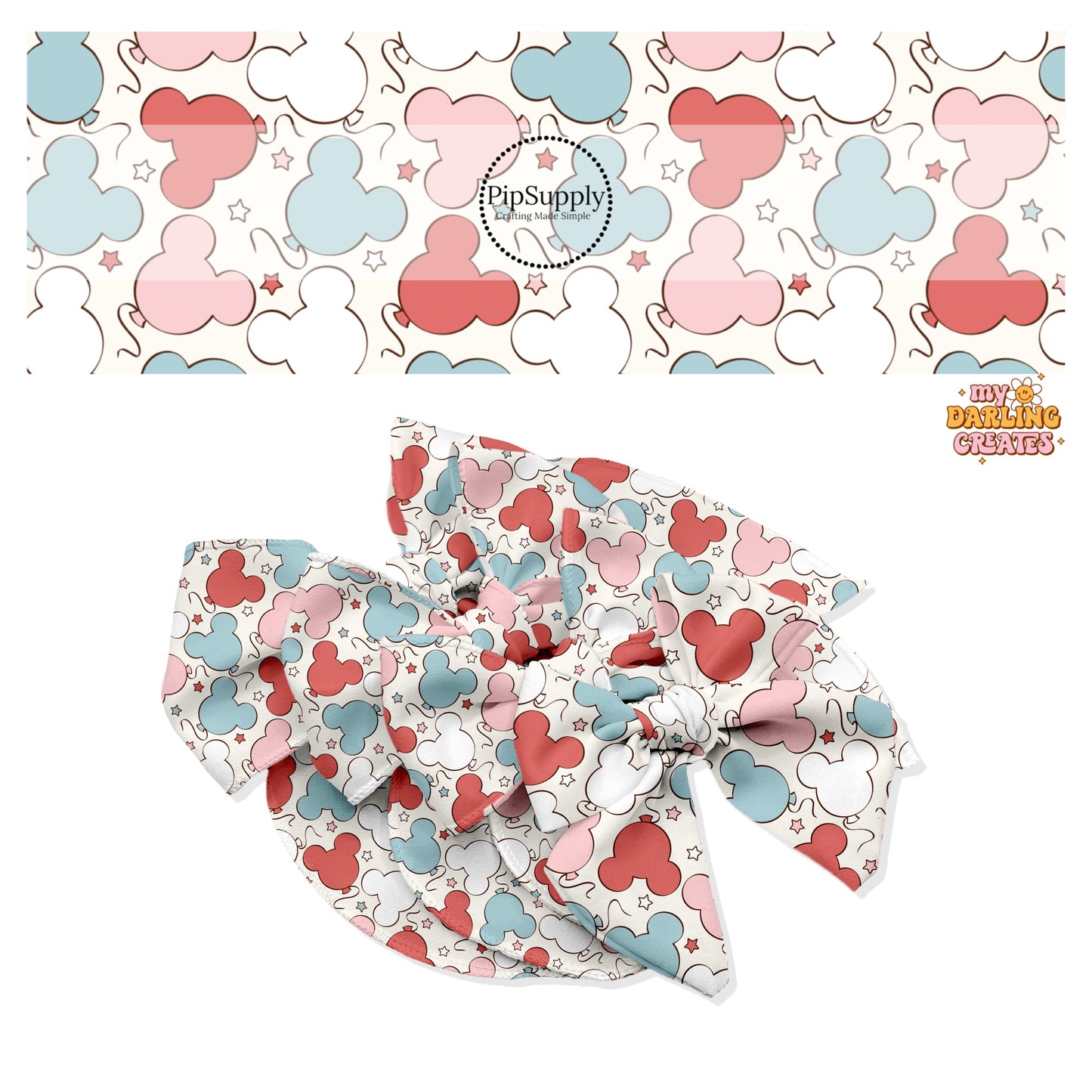 Red, blue, light pink, and white mouse head balloons and multi stars on cream bow strips