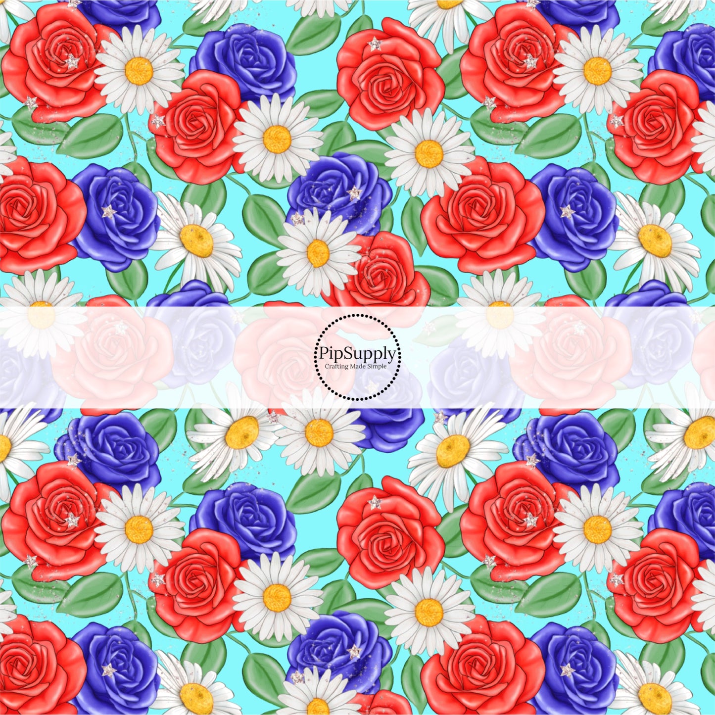 Red and blue roses and white daisies and stars on aqua blue bow strips