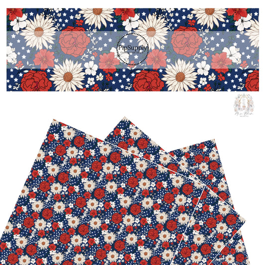 Red and white mutli flowers with stars on navy faux leather sheets