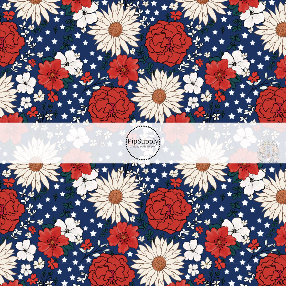 Multi patriotic floral with stars on navy bow strips