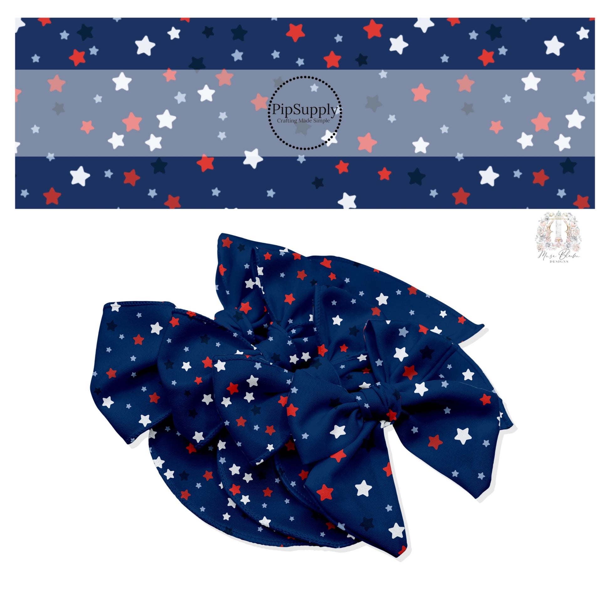 Red, white, and blue stars on navy blue bow strips