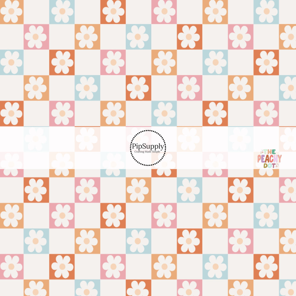 blue, peach, pink, and orange checkered with daisies and cream tiles bow strips