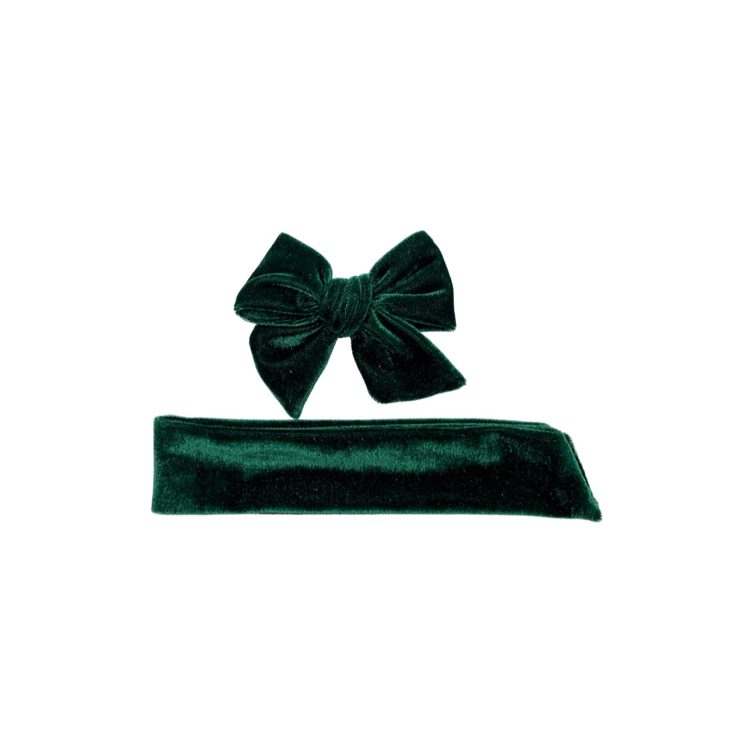 Dark spruce green tied and untied Ruth style velvet bow strip.