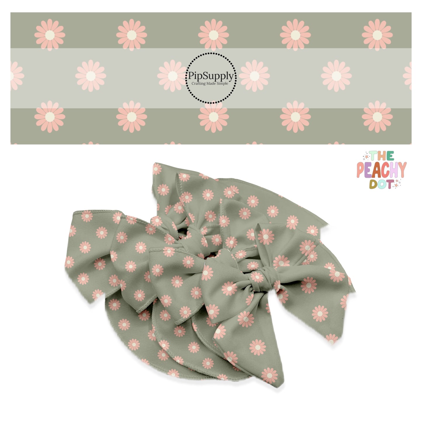 peach flowers on sage bow strips