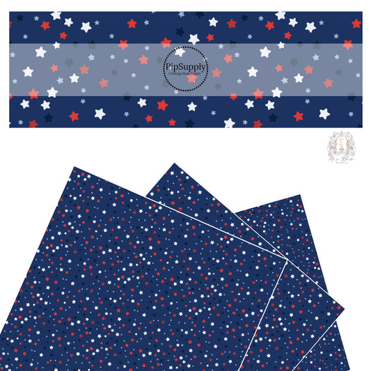 Red, white, and blue scattered stars on navy faux leather sheets