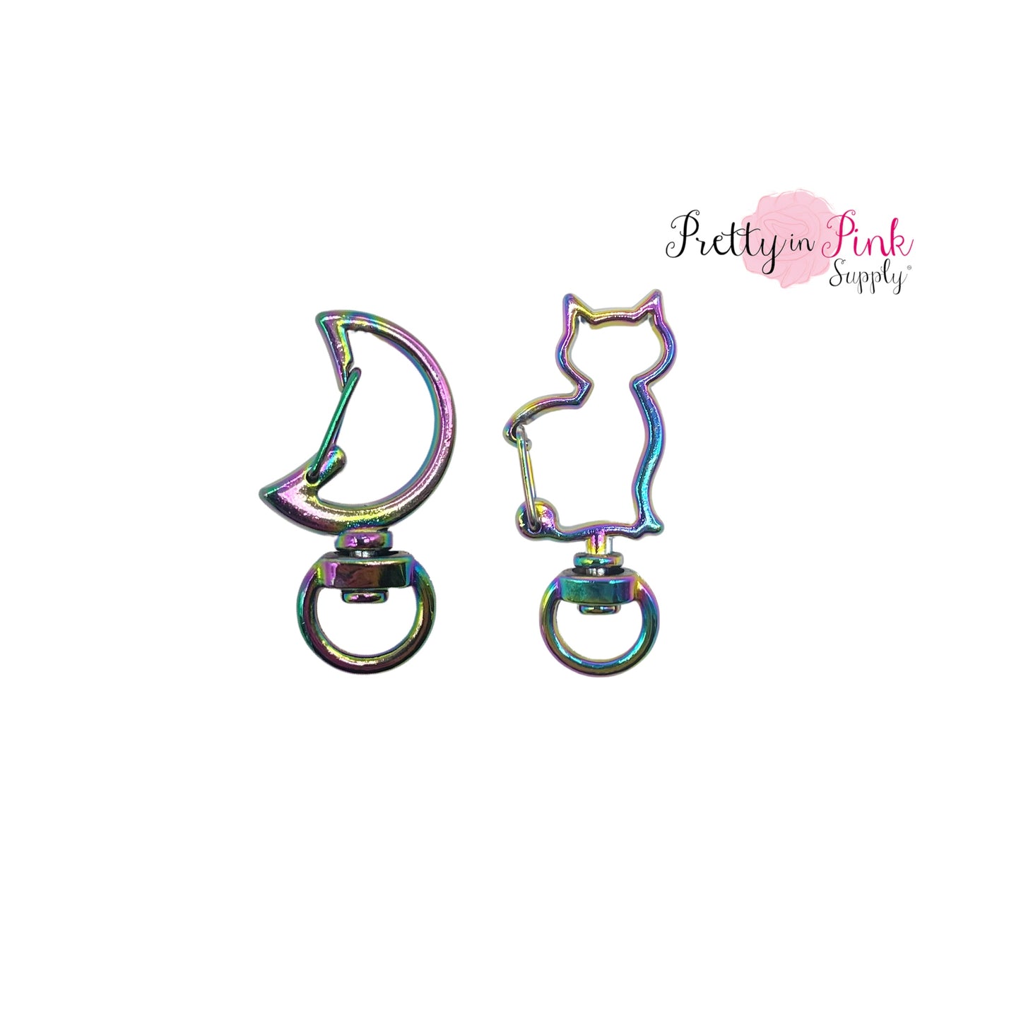 Iridescent metal moon and cat shaped swivel key ring keychain.