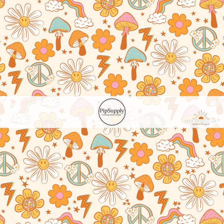 Disco flowers, daisies, shrooms, peace signs on cream bow strips