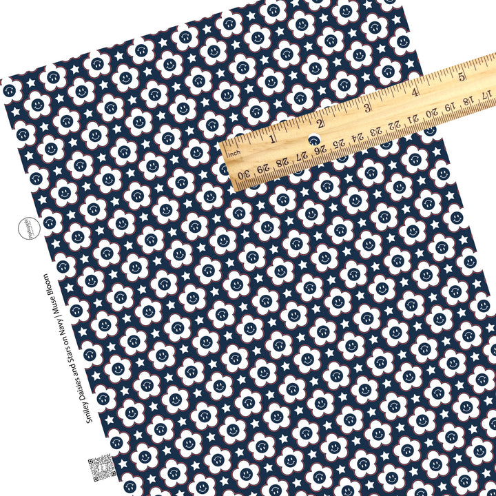 White stars and white flowers with smiley faces on navy faux leather sheets