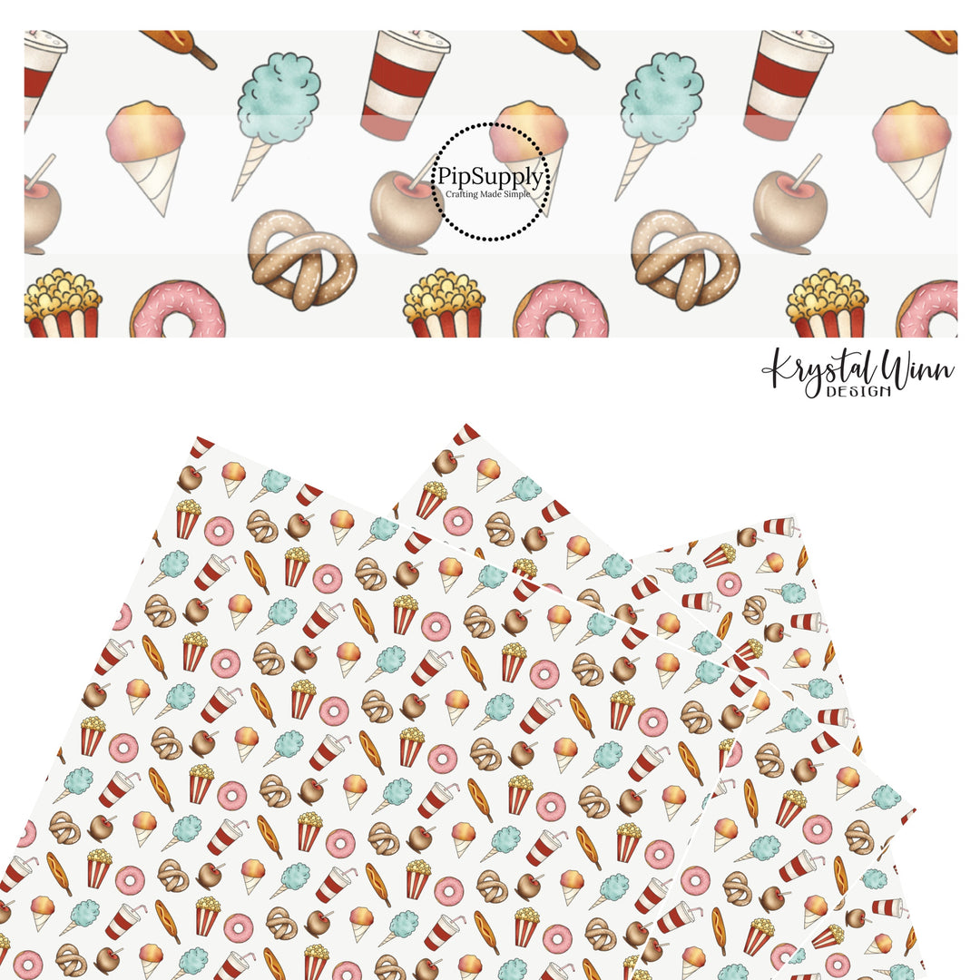 Pretzels, donuts, corn dogs, candy apples, popcorn, snow cones, and cotton candy on cream faux leather sheets