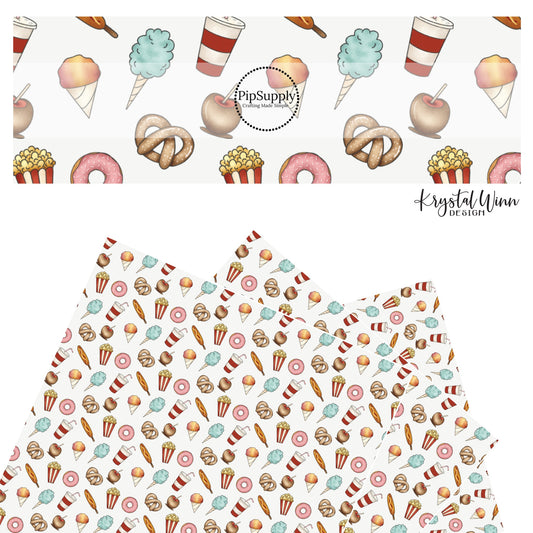 Pretzels, donuts, corn dogs, candy apples, popcorn, snow cones, and cotton candy on cream faux leather sheets