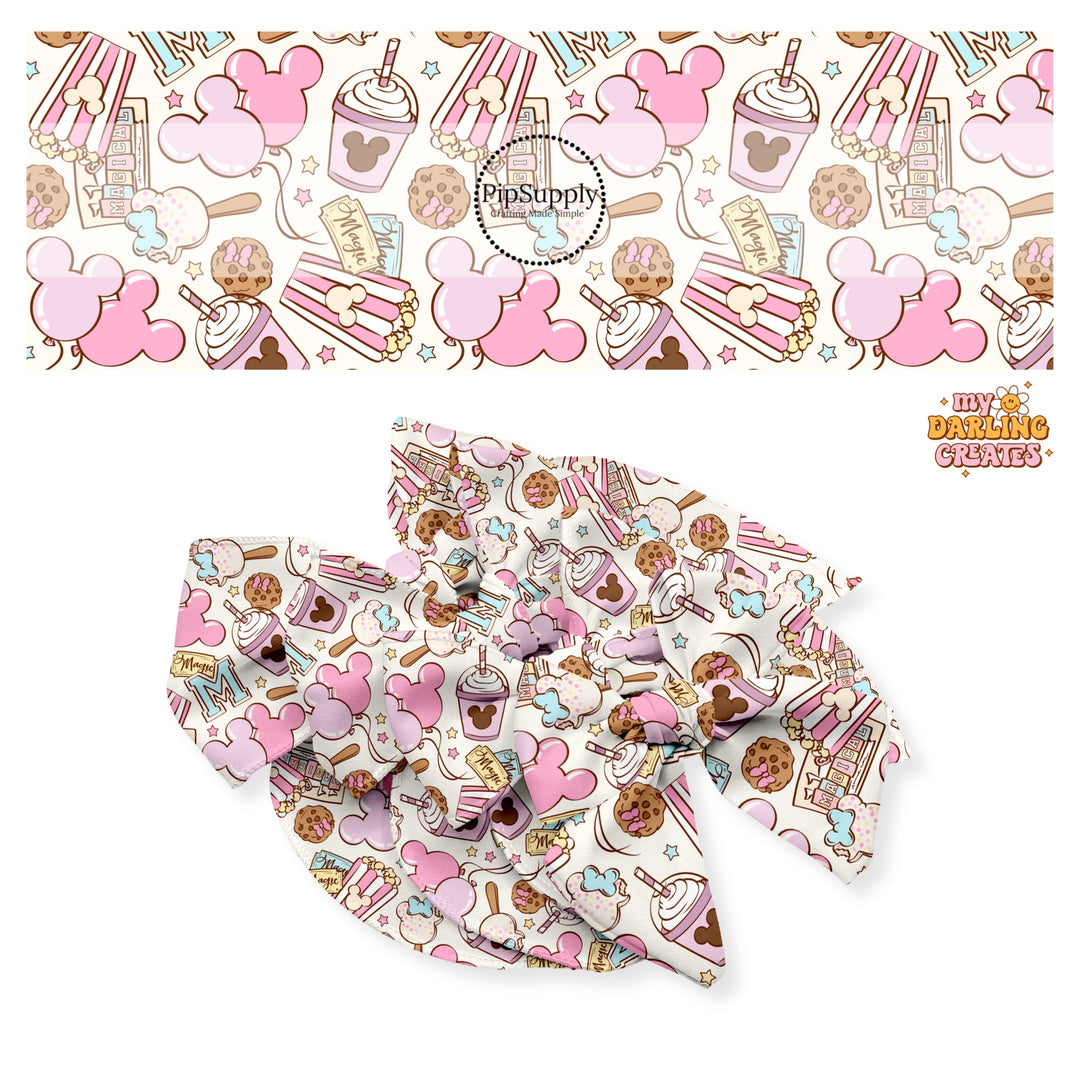 Pastel mouse head balloons, milkshake, ice cream, cookie with bow, popcorn, and magic tickets on cream bow strips