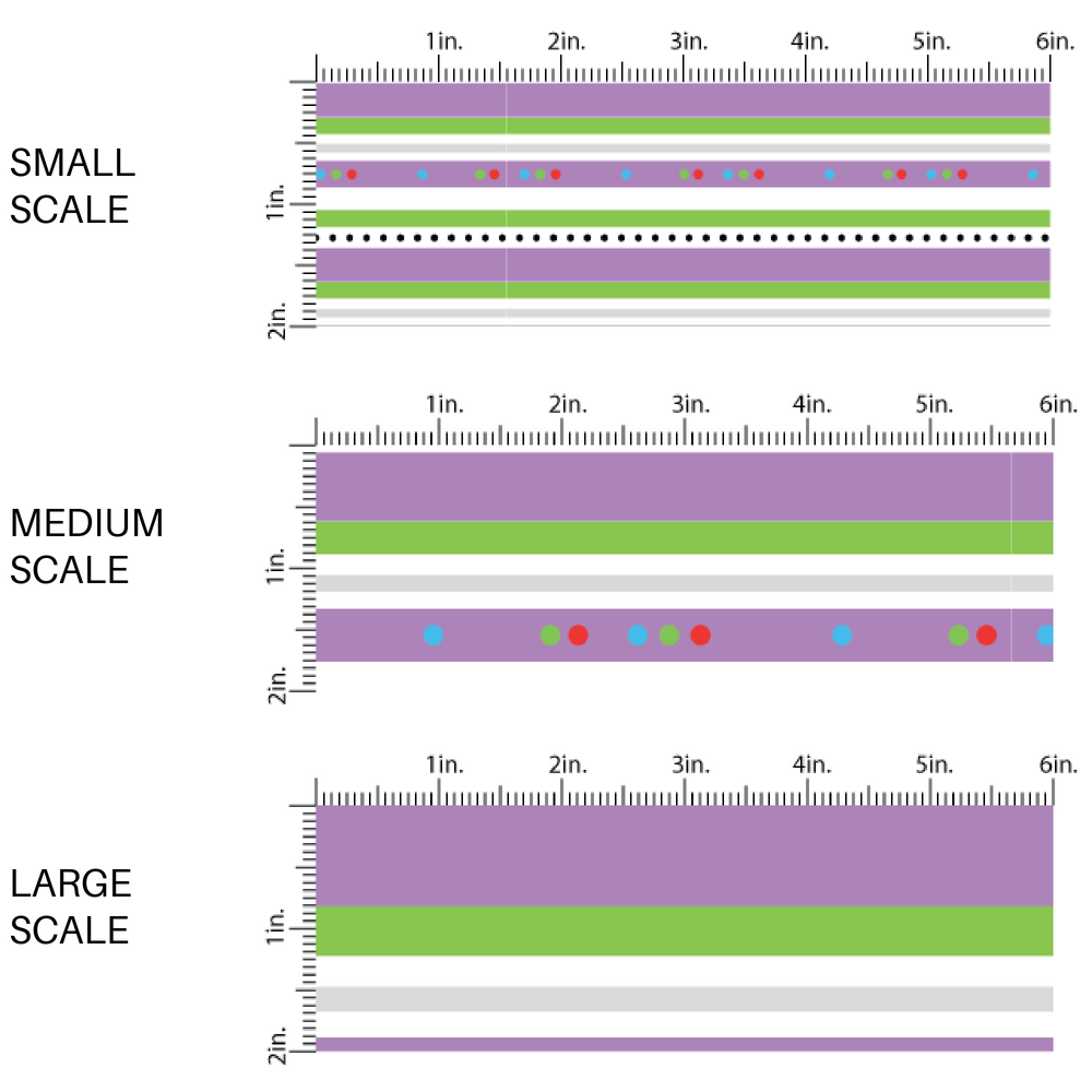 scaling guide for a fabric pattern with purple and green lines and dots like a cartoon space ranger