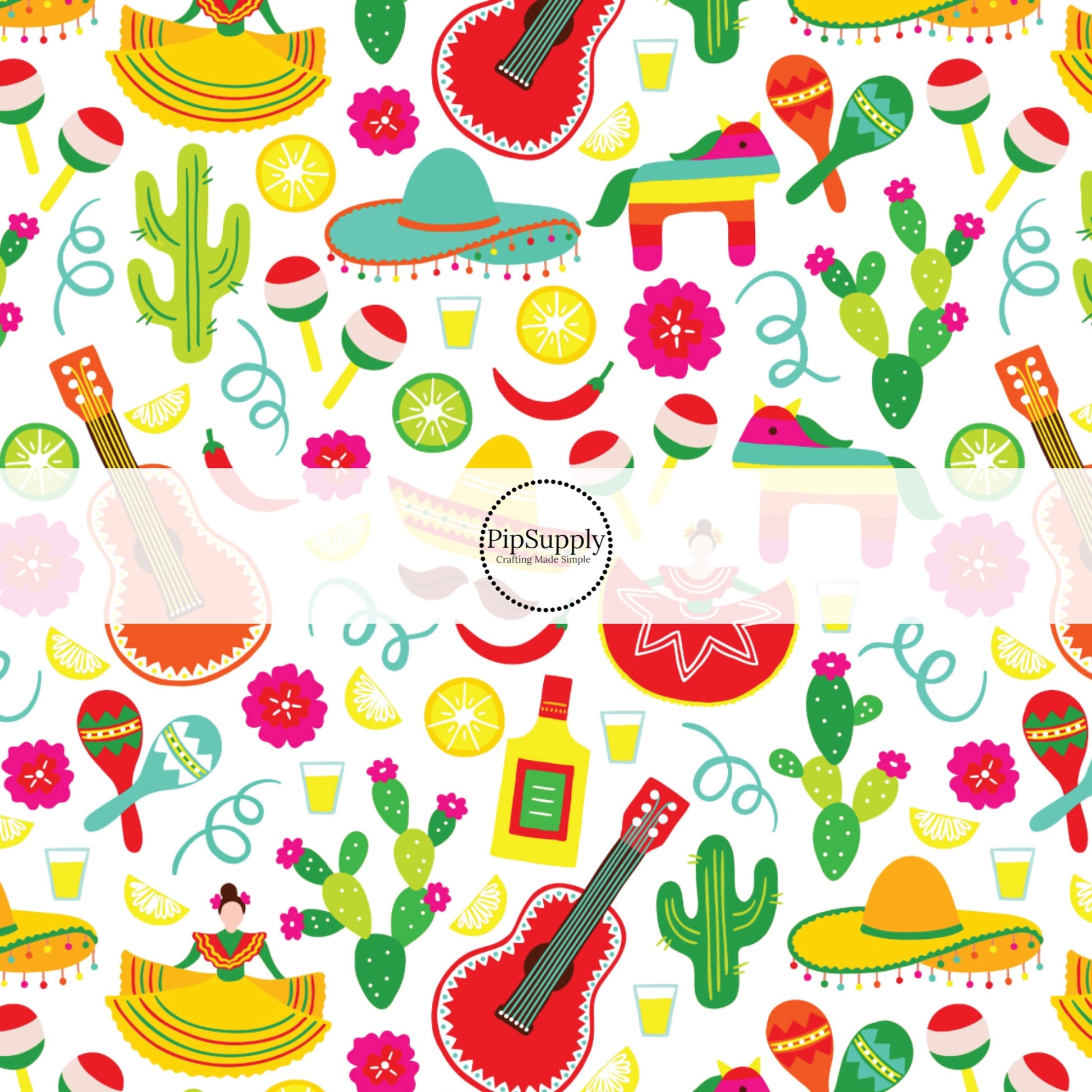 Bright multi colored sombrero, pinata, chili peppers, floral, dancing lady, guitar, and cacti on white bow strips