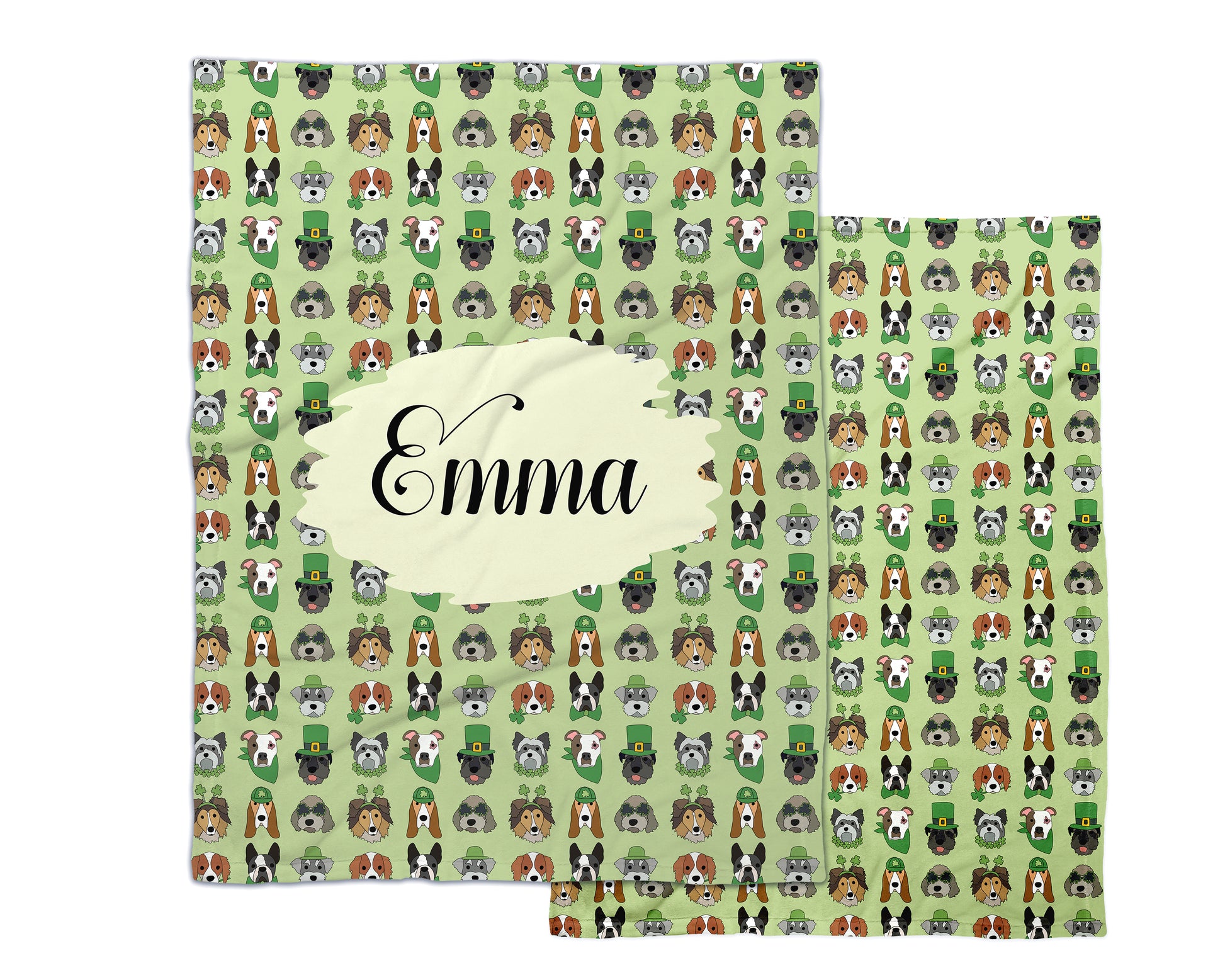 Hey Cute Design St. Patrick's Day patterned fleece blankets with customizable name.