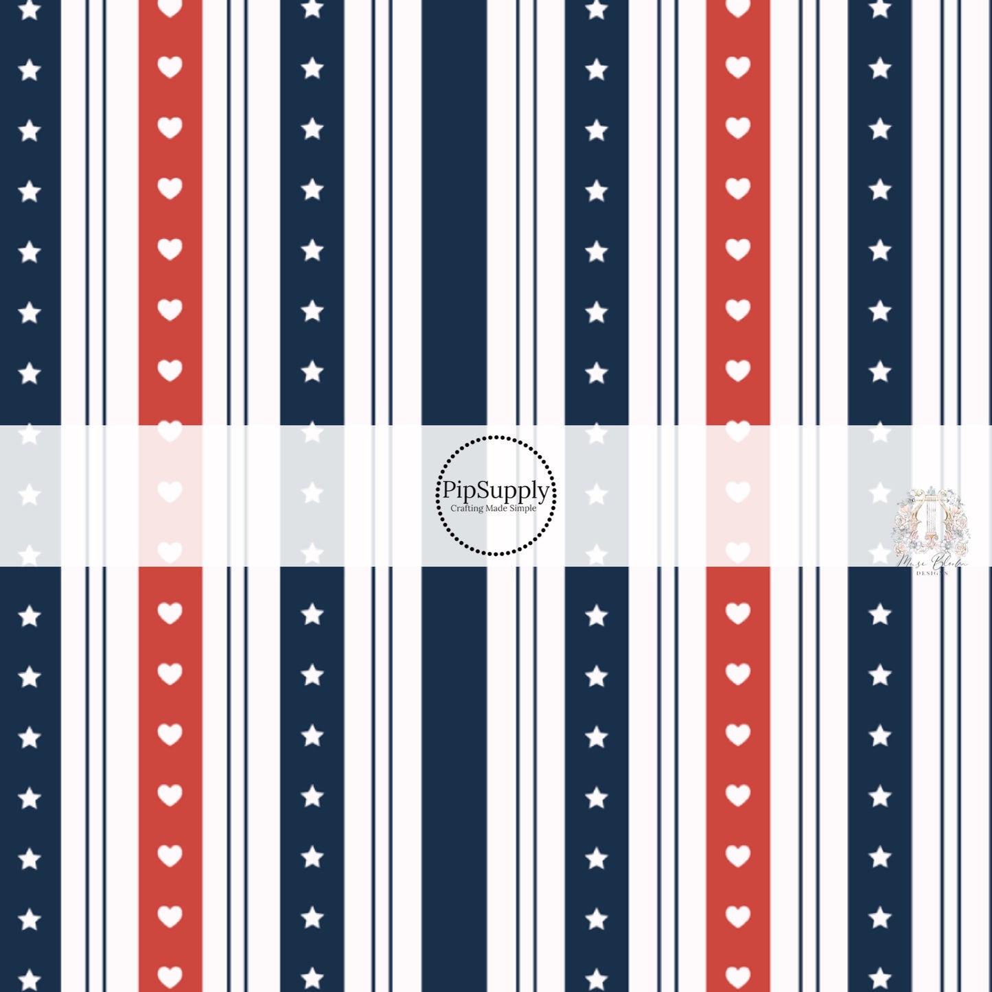 Hearts and stars on red and blue stripes with white stripe bow strips