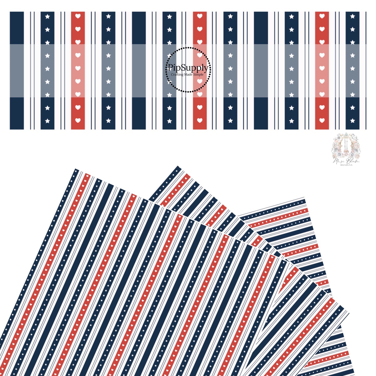 Red and navy stripes with hearts and stars on white faux leather sheets