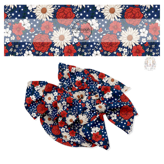 Red and white multi flowers with stars on navy bow strips