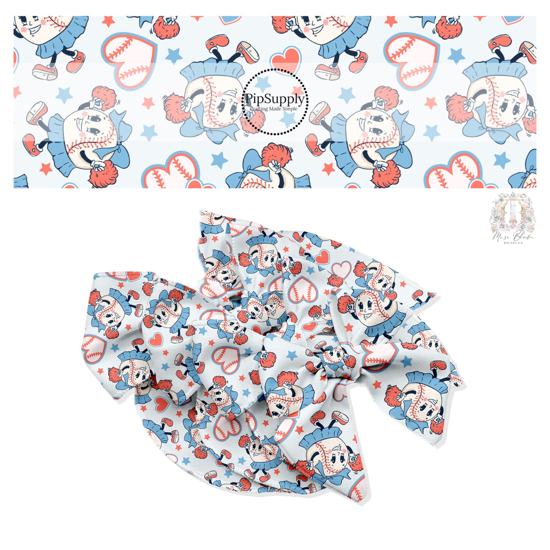 Smiley face baseball cheerleader with baseball hearts on light blue bow strips