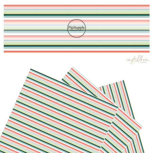 Dark green, white, peach, and pink stripes faux leather sheet