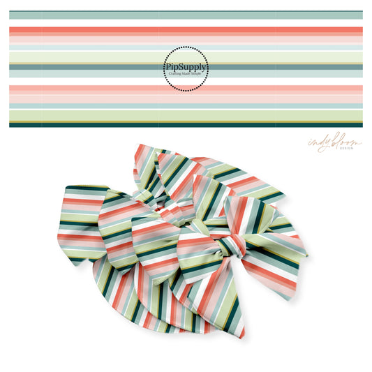 Dark green, pink, white, and blue multi stripes bow strips