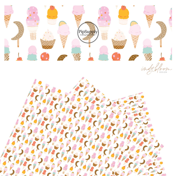 Pink, mint, and orange ice cream with chocolate popsicles on cream faux leather sheets