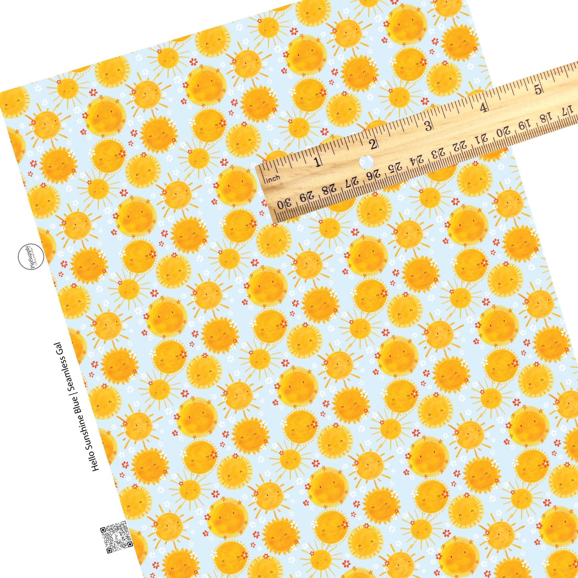 Happy sunshine with flowers on blue faux leather sheet