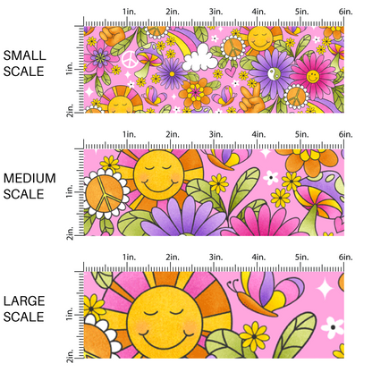 Multi rainbows, butterflies, sunshine, flowers, peace signs, mushrooms, and stars on fabric scaling 