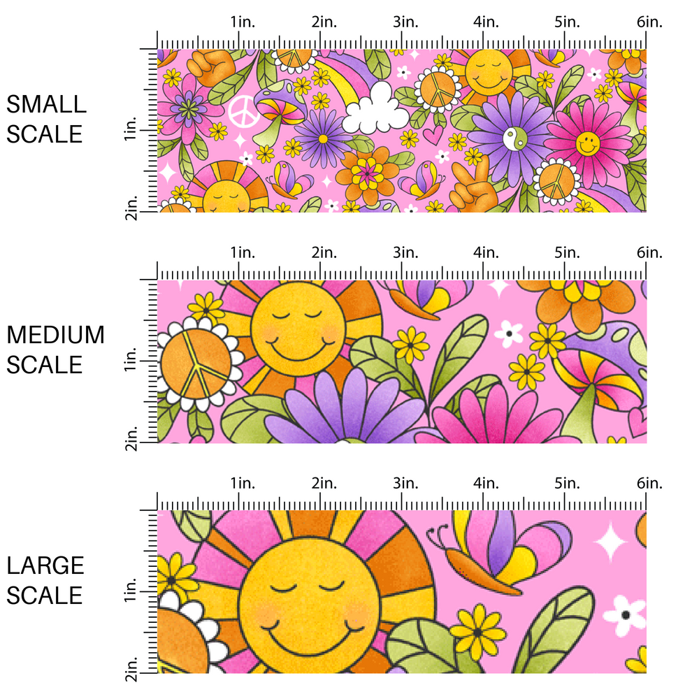 Multi rainbows, butterflies, sunshine, flowers, peace signs, mushrooms, and stars on fabric scaling 