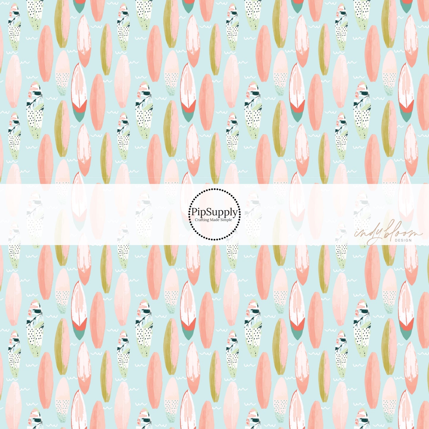 Waves, floral, peach, and green surfboards on light blue bow strips