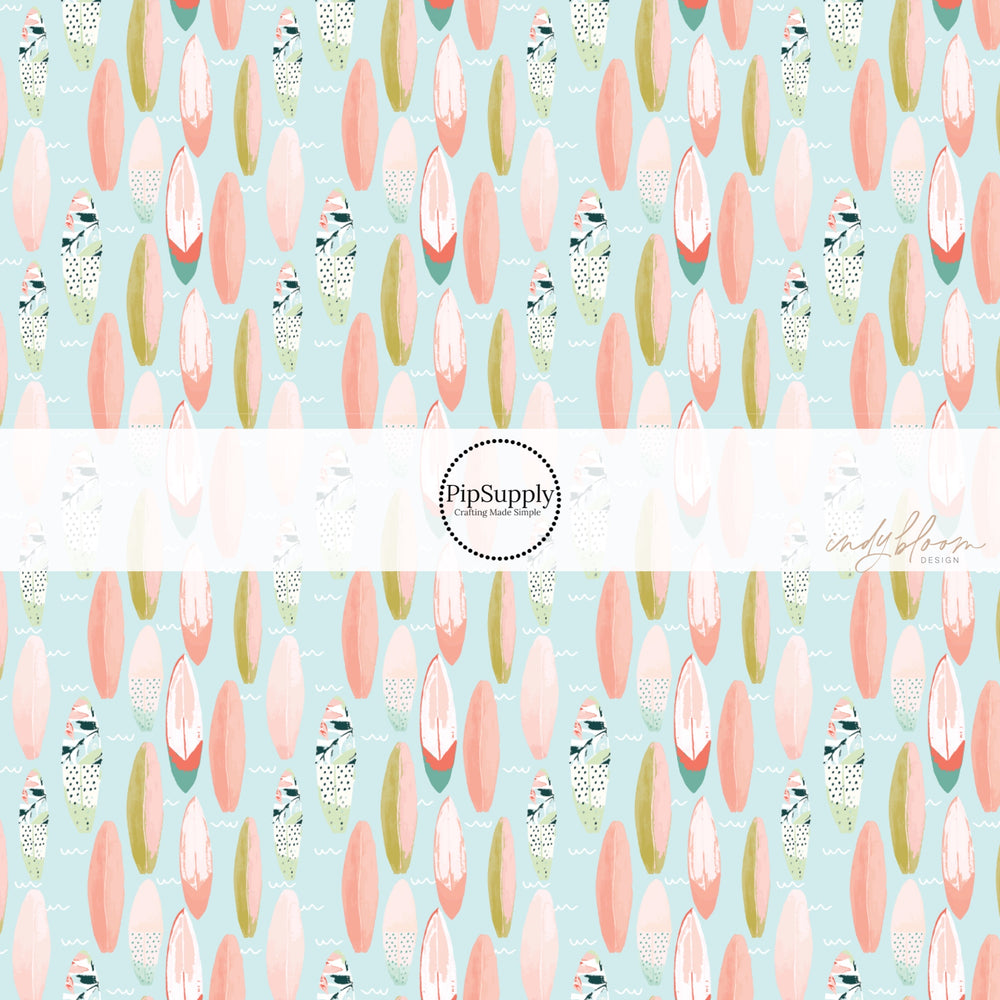 Waves, floral, peach, and green surfboards on light blue bow strips