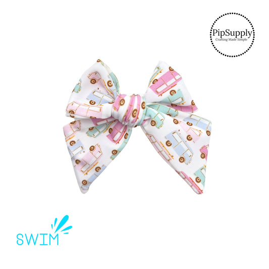 Pastel multi vacation car on white swimsuit bow strip