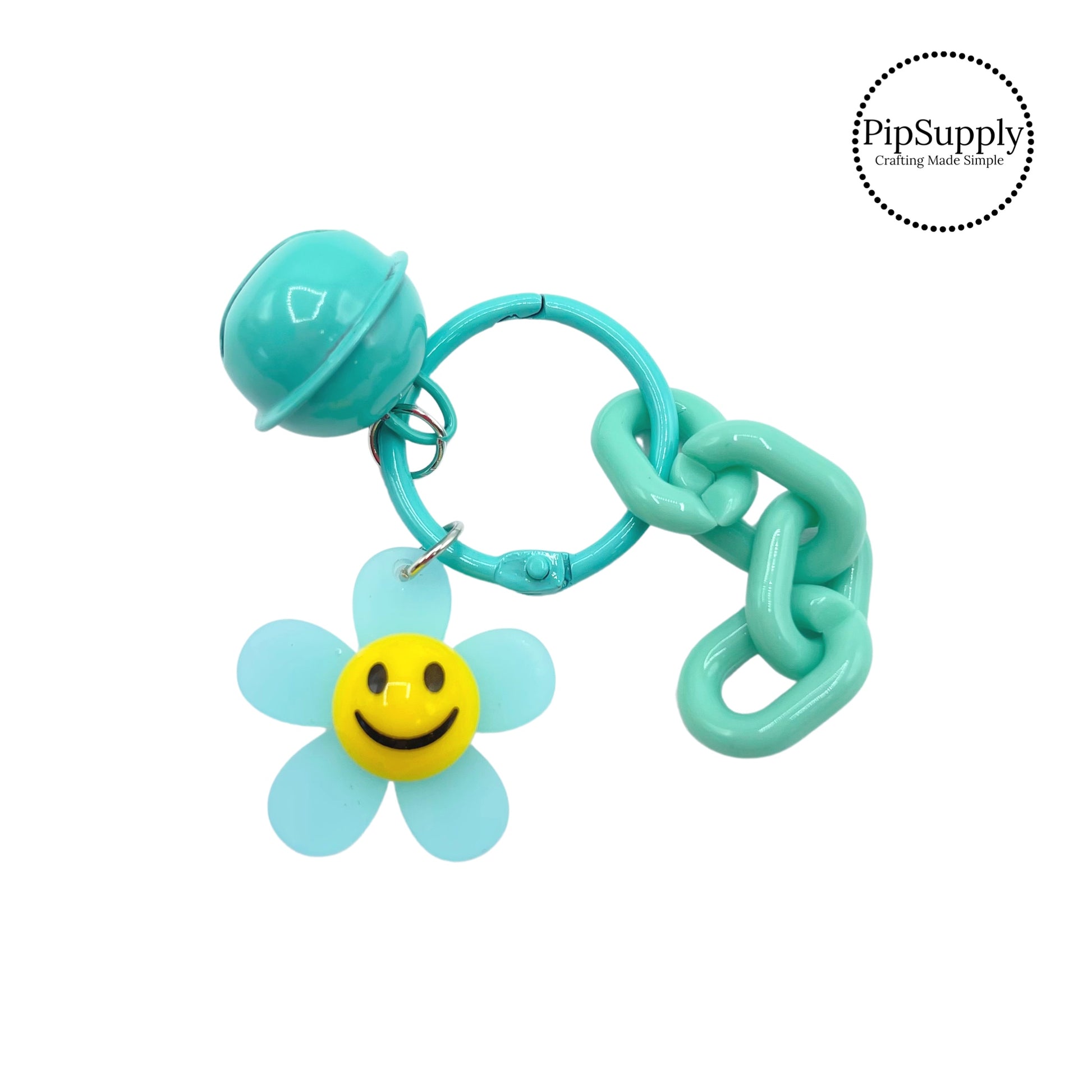 Aqua flower with smiley face and aqua keychain