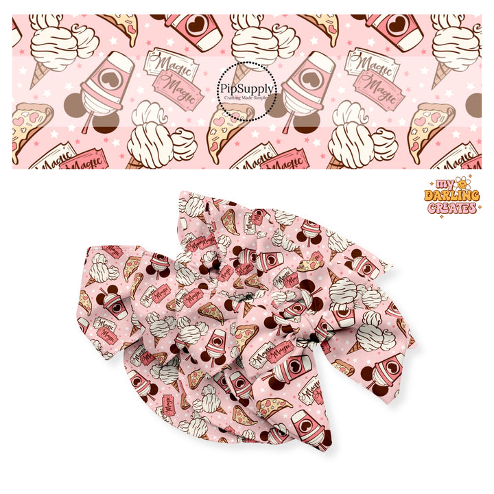 Pink mouse head milkshake, cream mouse head ice cream, pizza with hearts, and tickets with magic on light pink with stars bow strips 