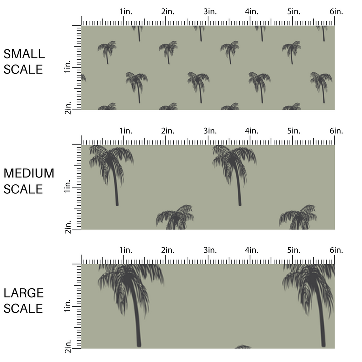 This image has three fabric scales of small, medium, and large scale for the scattered palms on olive.