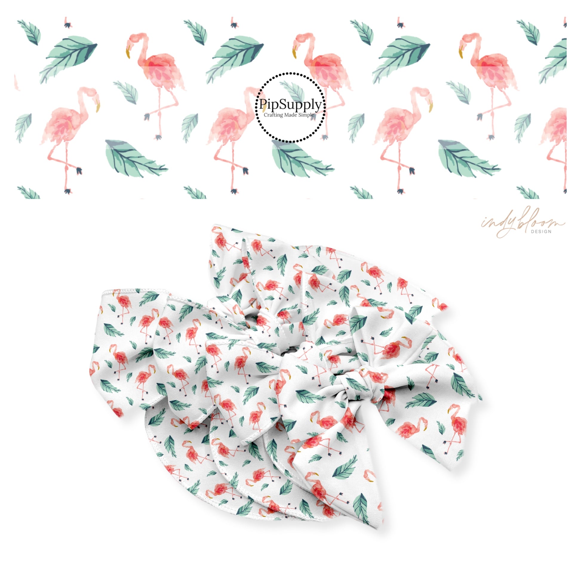Pink flamingos with green palm leaves on white bow strips