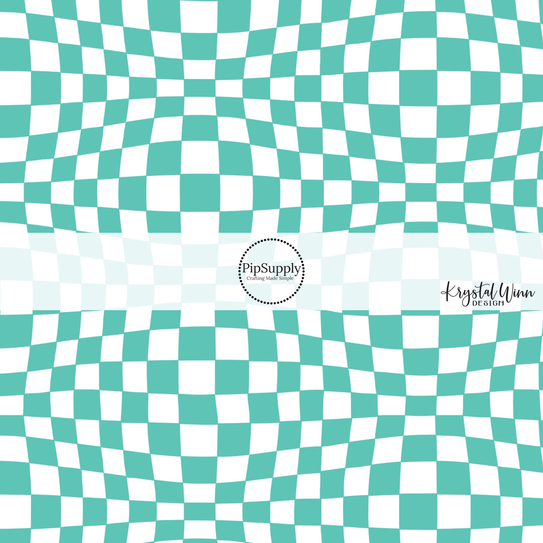 Wavy white tiles on turquoise checkered bow strips