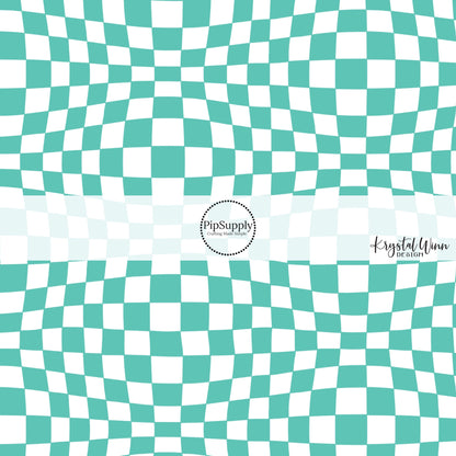 Wavy white tiles on turquoise checkered bow strips