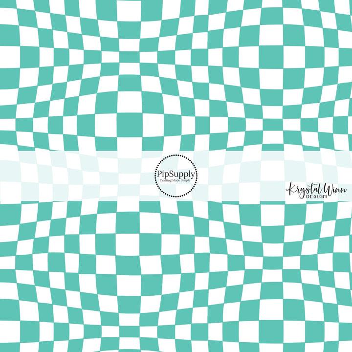 Wavy white tiles on turquoise checkered bow strips