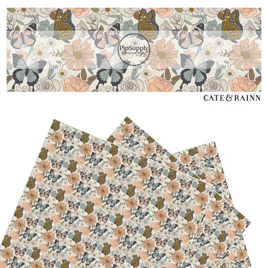Butterflies and flower combination on cream faux leather sheet.