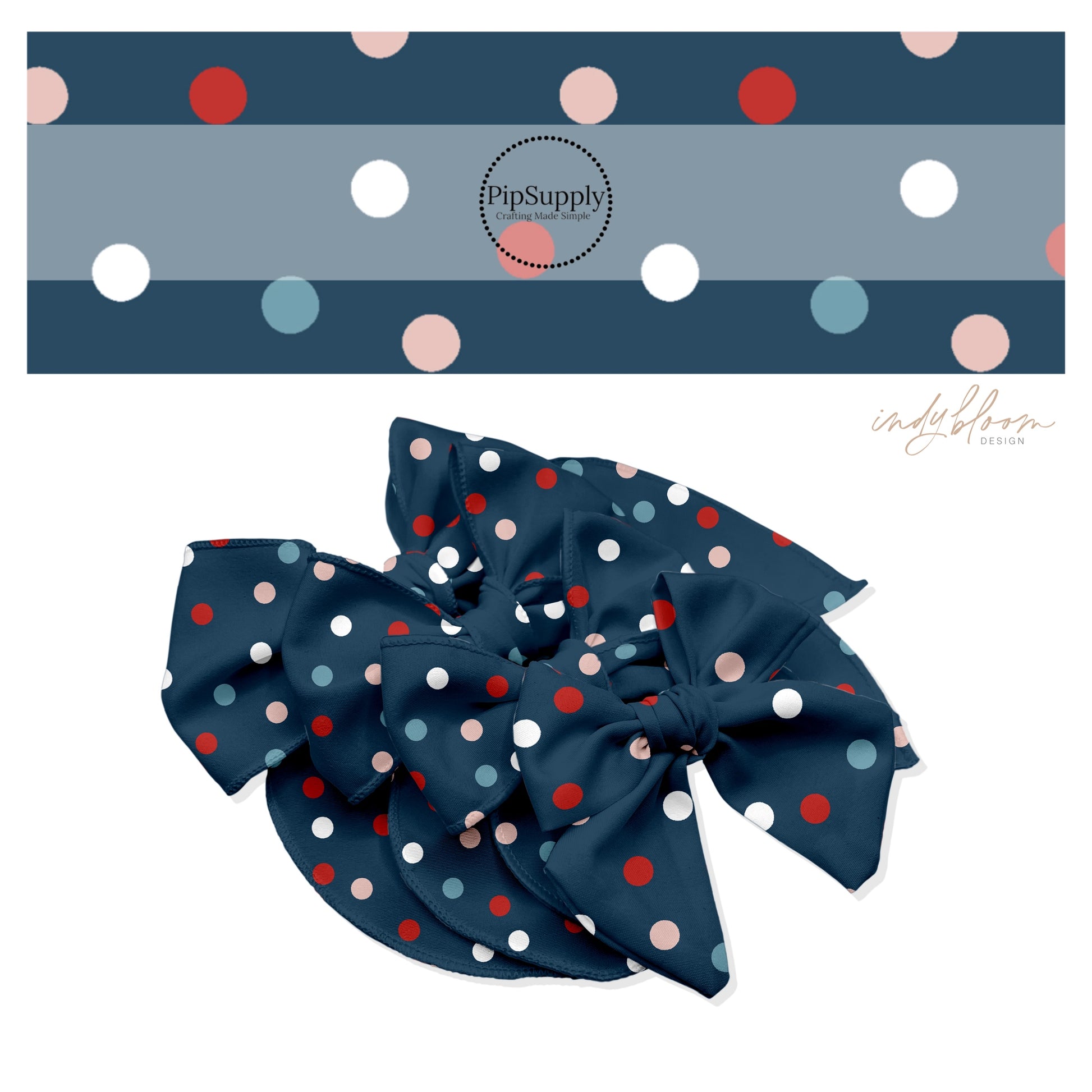 Red, blue, white, and pink polka dots on navy blue bow strips